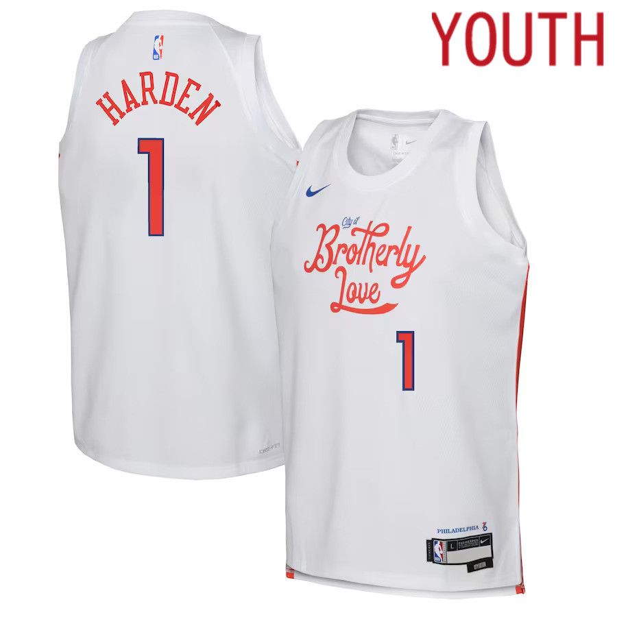 Youth Philadelphia 76ers #1 James Harden Nike White City Edition 2022-23 Swingman NBA Jersey->youth nba jersey->Youth Jersey